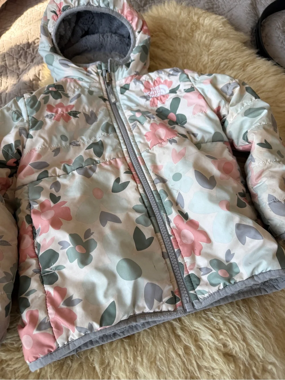 The North Face Little Girls Floral Reversible Puffer Jacket in Pink & Sage